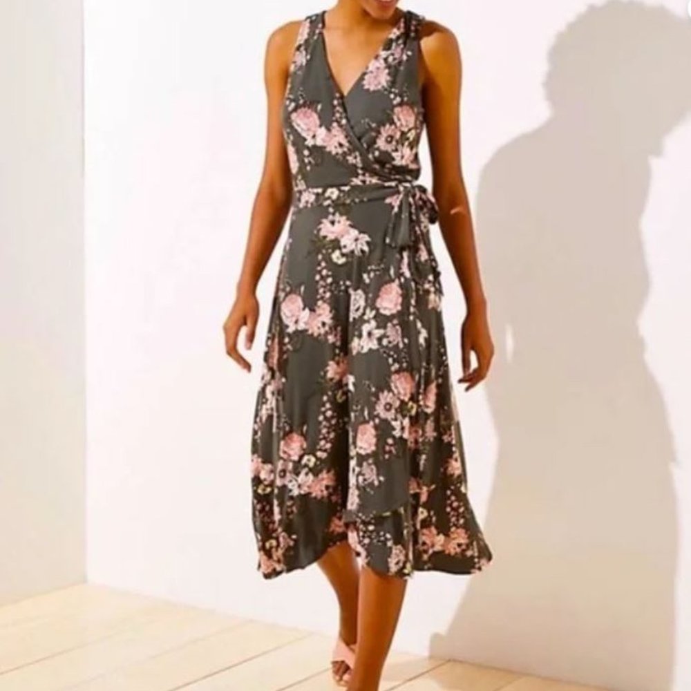 LOFT Green Pink Floral Wrap Dress XS